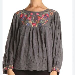 Solitaire Embroidered Boho Gray Women's Top Tunic